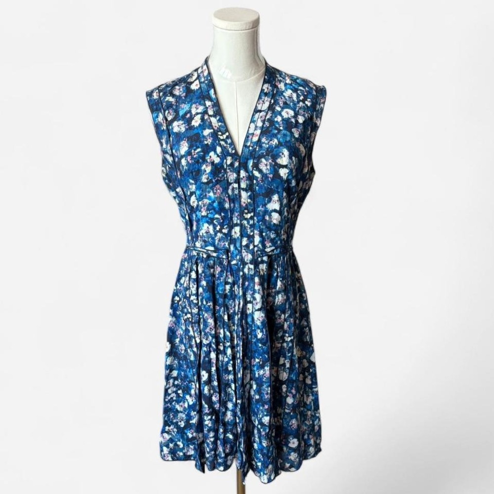 Rebecca Taylor blue floral print dress with V-neckline & exposed back zipper